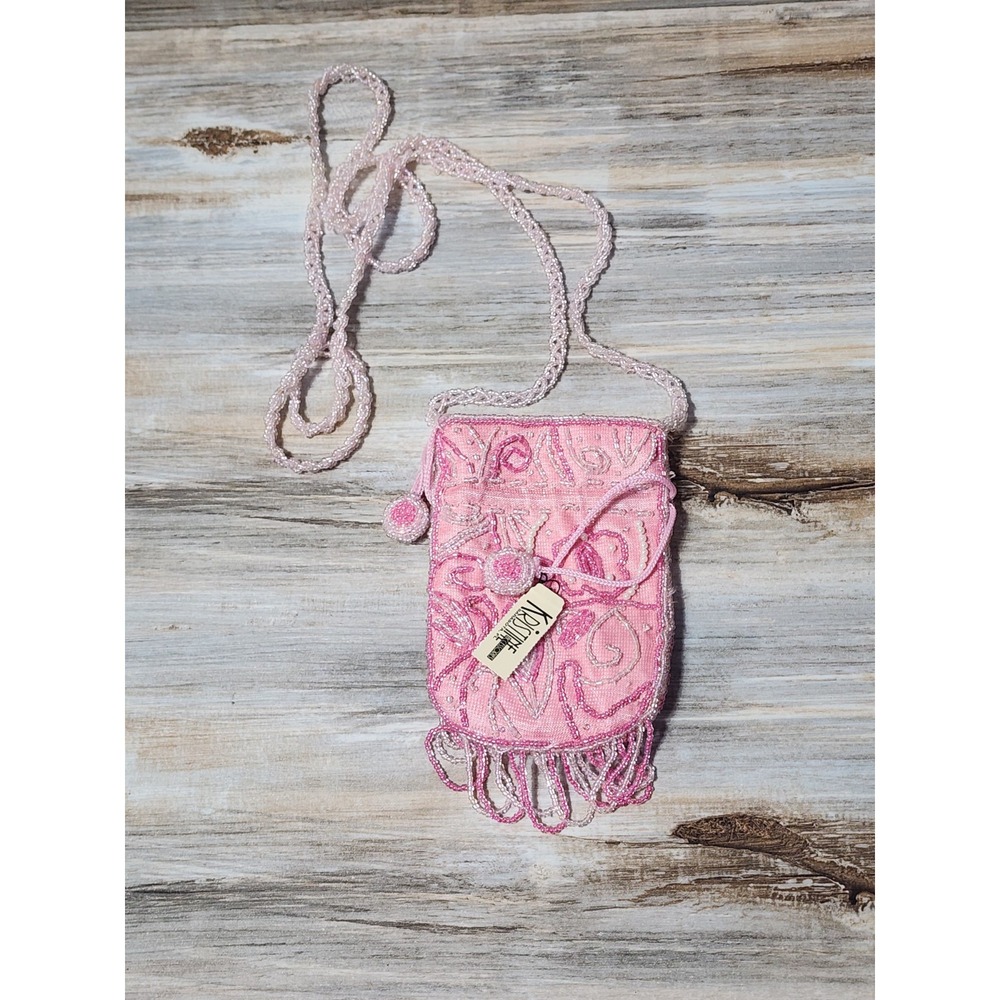 Kristine Hand Beaded Vintage Small Purse With Long Beaded Chain And Synching